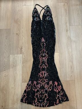 Black Sequin Mermaid Dress Formal Evening Gown Glitter Halter Maxi Dress L